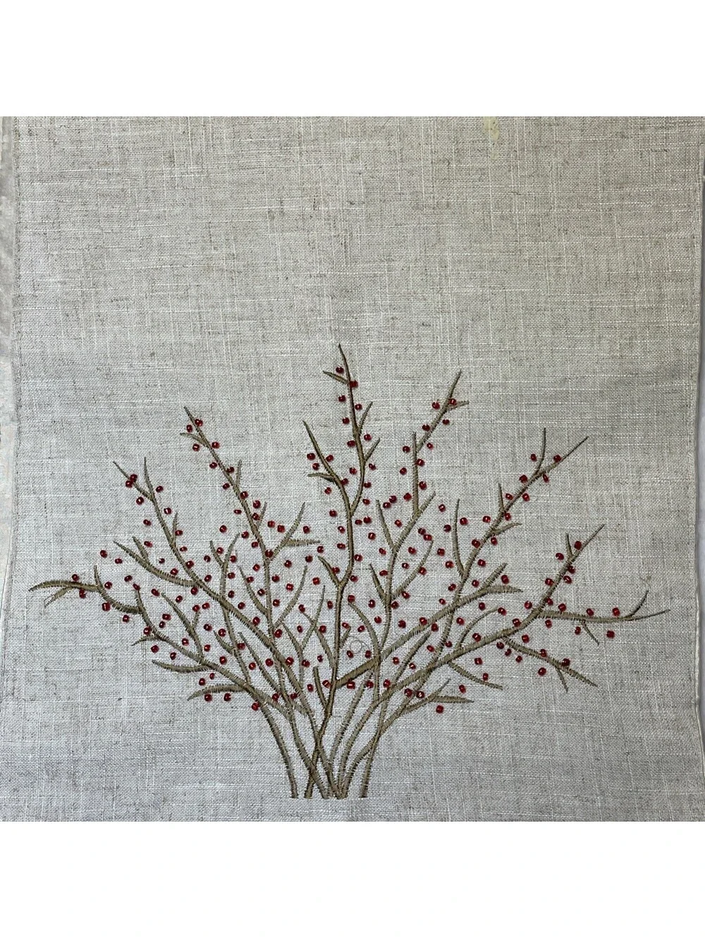 Linen Polyester Blend Natural Red Beaded Table Runner Autumn Holiday 70 Inches
